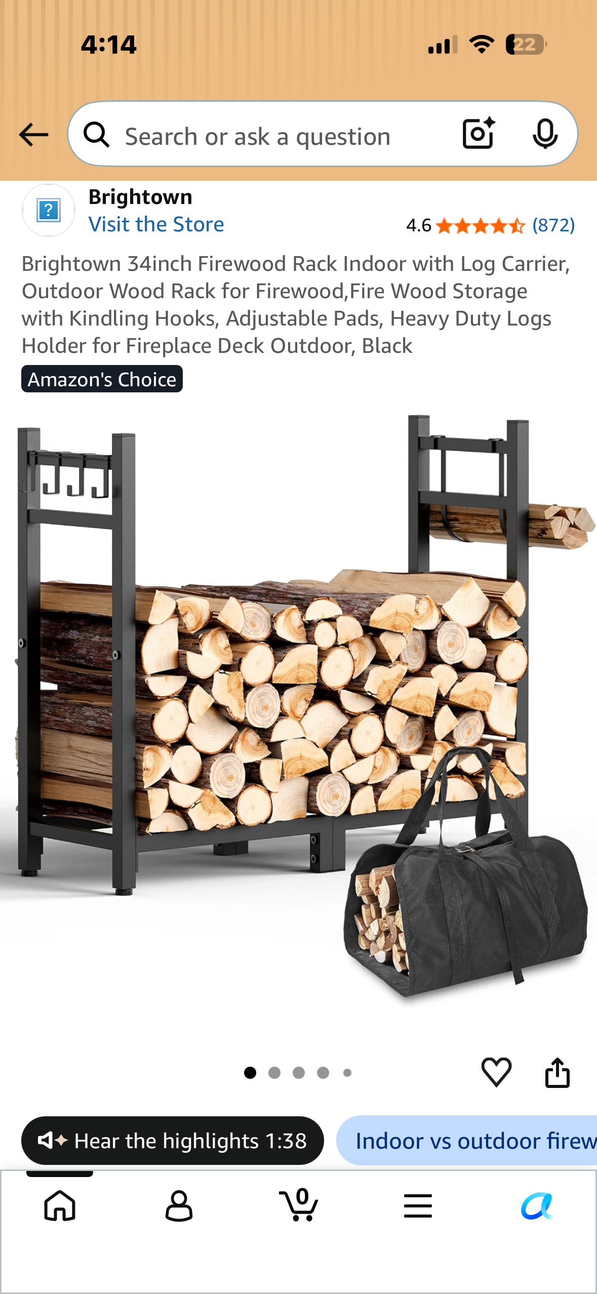 Brightown 34inch Firewood Rack with Log Carrier, Indoor, Outdoor Wood Rack for Firewood, by Fire Wood Storage with Kindling Hooks, Adjustable Pads, Heavy Duty Logs Holder for Fireplace Deck Outdoor, Black