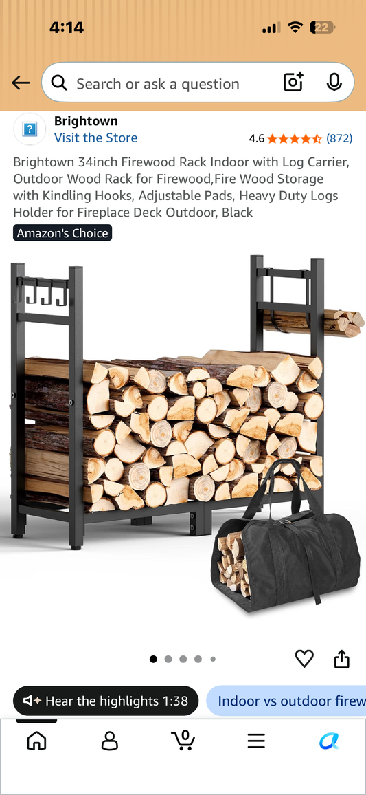 Brightown 34inch Firewood Rack with Log Carrier, Indoor, Outdoor Wood Rack for Firewood, by Fire Wood Storage with Kindling Hooks, Adjustable Pads, Heavy Duty Logs Holder for Fireplace Deck Outdoor, Black