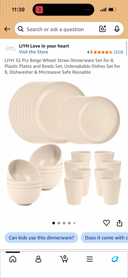 LIYH 32 Pcs Beige Wheat Straw Dinnerware Set for 8, Plastic Plates and Bowls Set, Unbreakable Dishes Set for 8, Dishwasher & Microwave Safe Reusable
