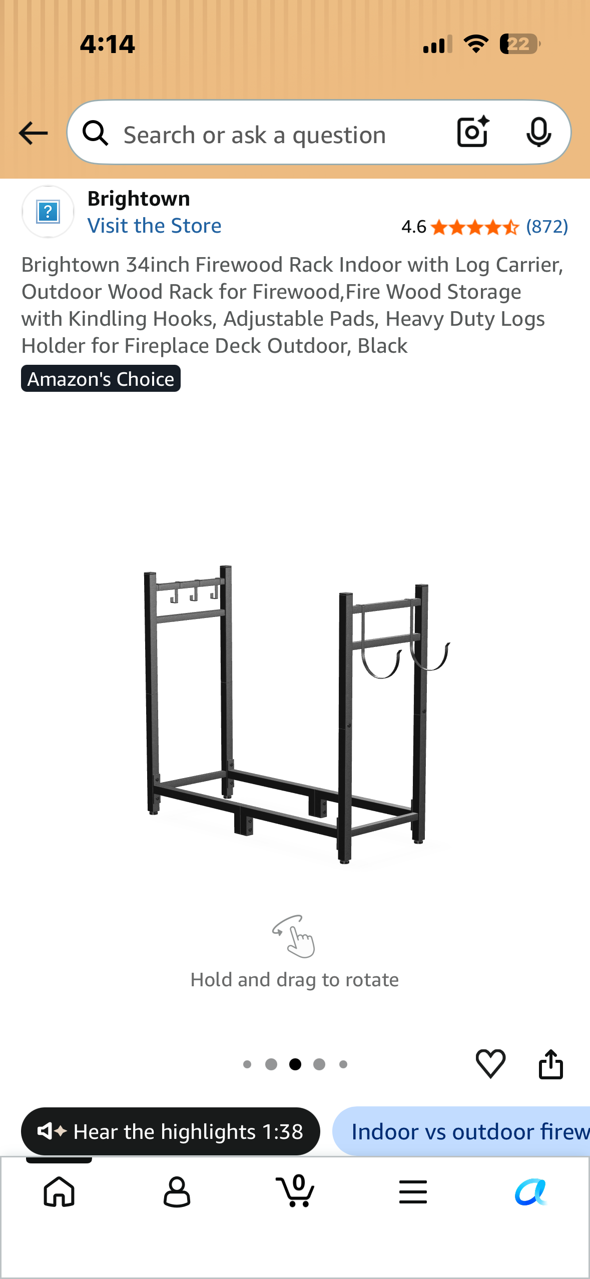 Brightown 34inch Firewood Rack with Log Carrier, Indoor, Outdoor Wood Rack for Firewood, by Fire Wood Storage with Kindling Hooks, Adjustable Pads, Heavy Duty Logs Holder for Fireplace Deck Outdoor, Black