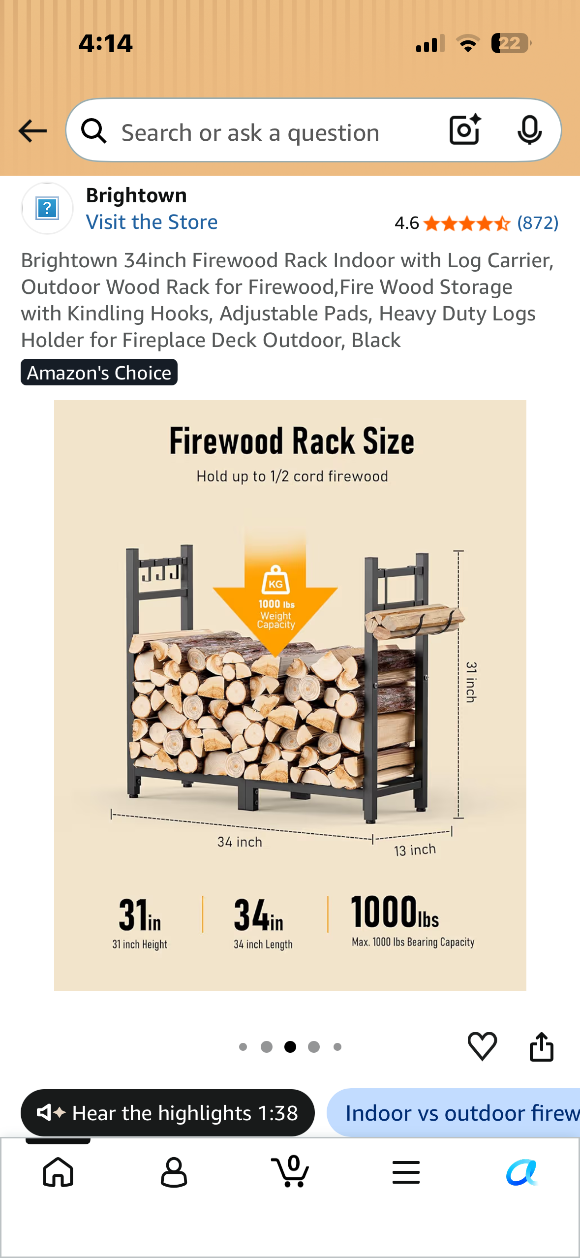 Brightown 34inch Firewood Rack with Log Carrier, Indoor, Outdoor Wood Rack for Firewood, by Fire Wood Storage with Kindling Hooks, Adjustable Pads, Heavy Duty Logs Holder for Fireplace Deck Outdoor, Black