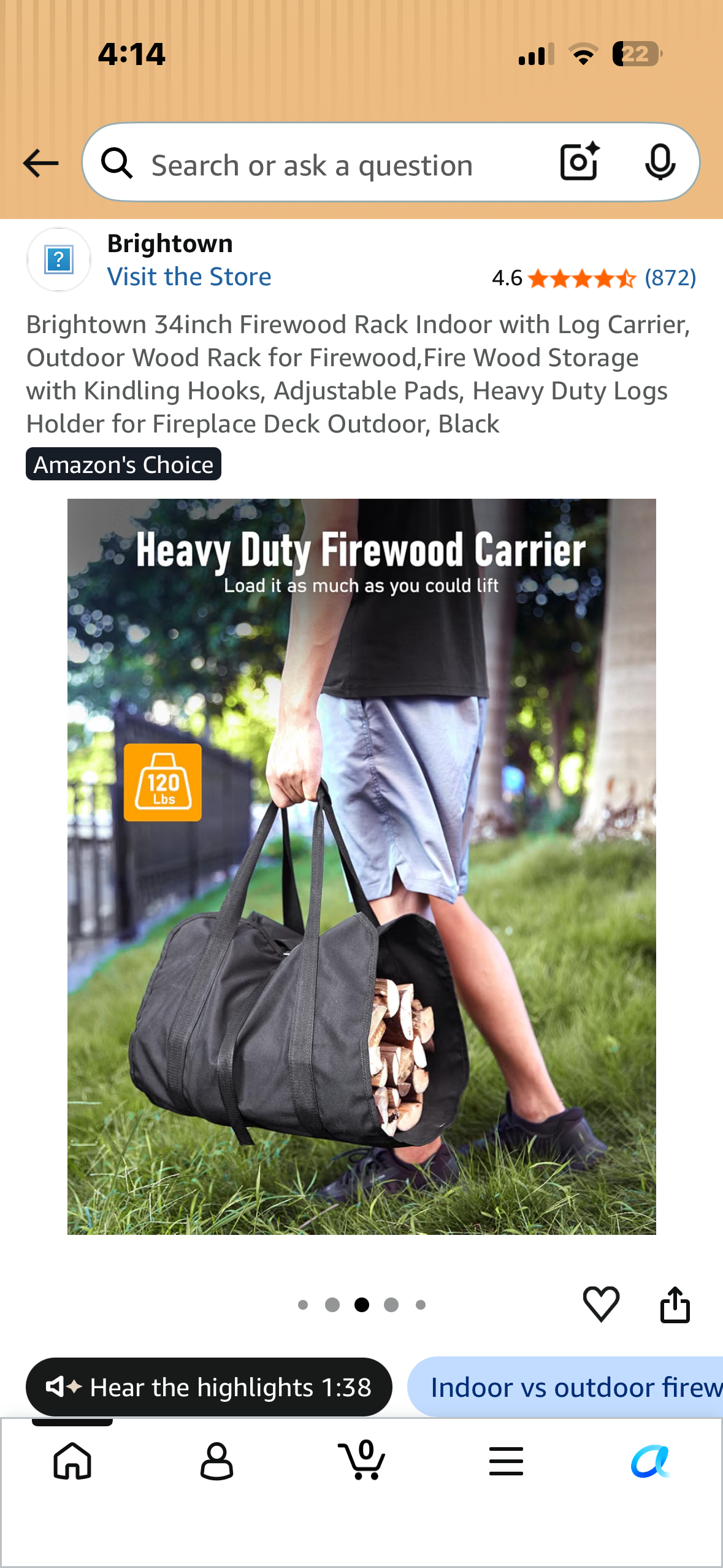 Brightown 34inch Firewood Rack with Log Carrier, Indoor, Outdoor Wood Rack for Firewood, by Fire Wood Storage with Kindling Hooks, Adjustable Pads, Heavy Duty Logs Holder for Fireplace Deck Outdoor, Black