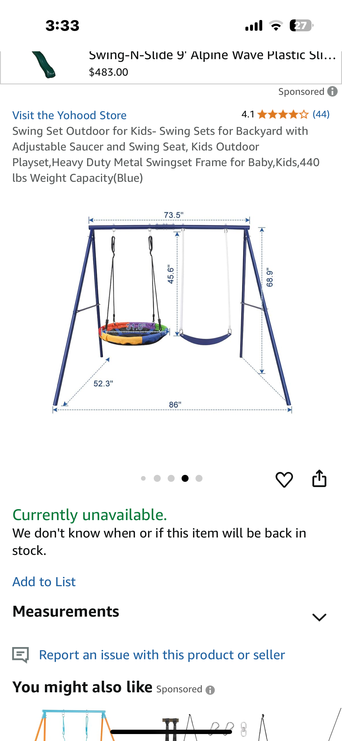 Outdoor Swing Set for Kids- Swing Set for Backyard with Adjustable Saucer and Swing Seat, Heavy Duty Metal Frame 440 Ibs Weight Capacity(Green) (W469)