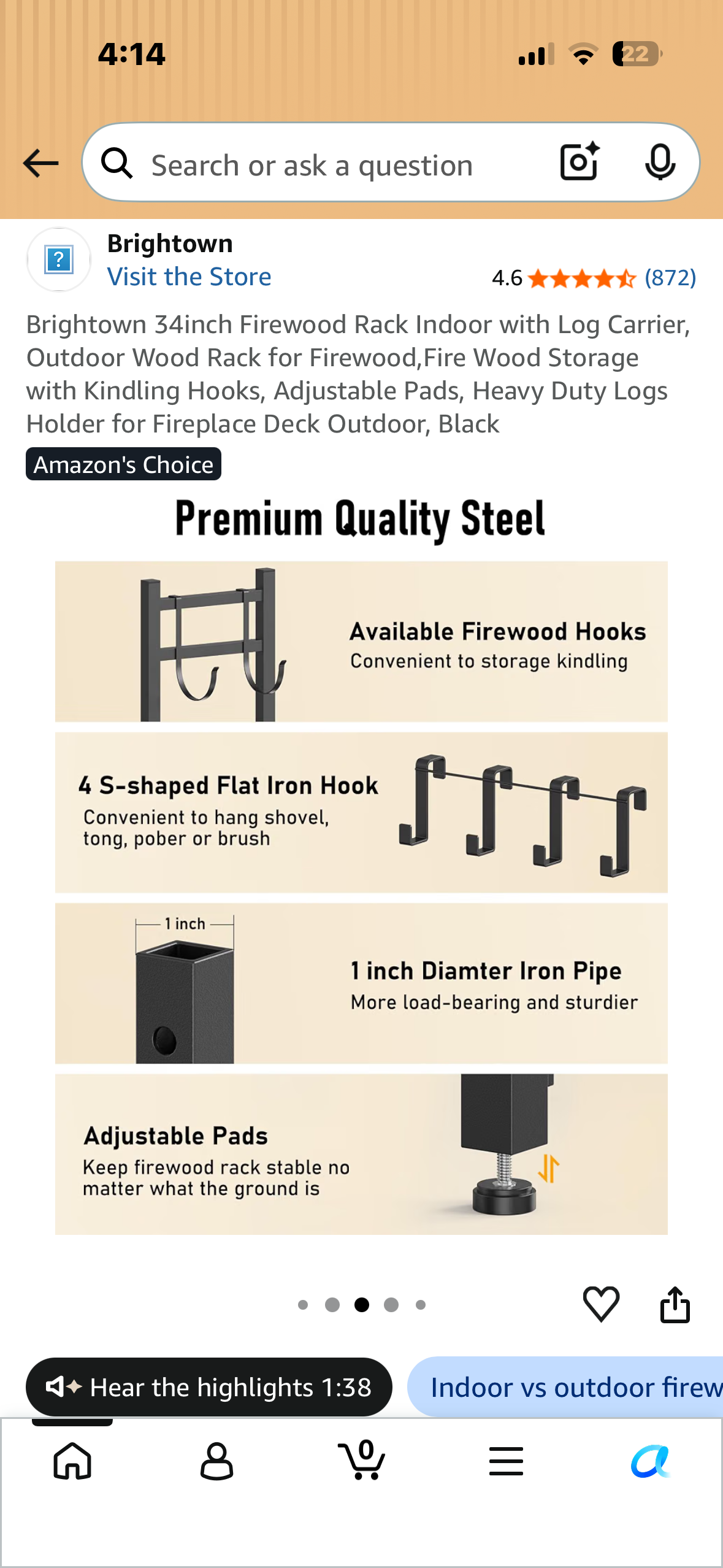 Brightown 34inch Firewood Rack with Log Carrier, Indoor, Outdoor Wood Rack for Firewood, by Fire Wood Storage with Kindling Hooks, Adjustable Pads, Heavy Duty Logs Holder for Fireplace Deck Outdoor, Black