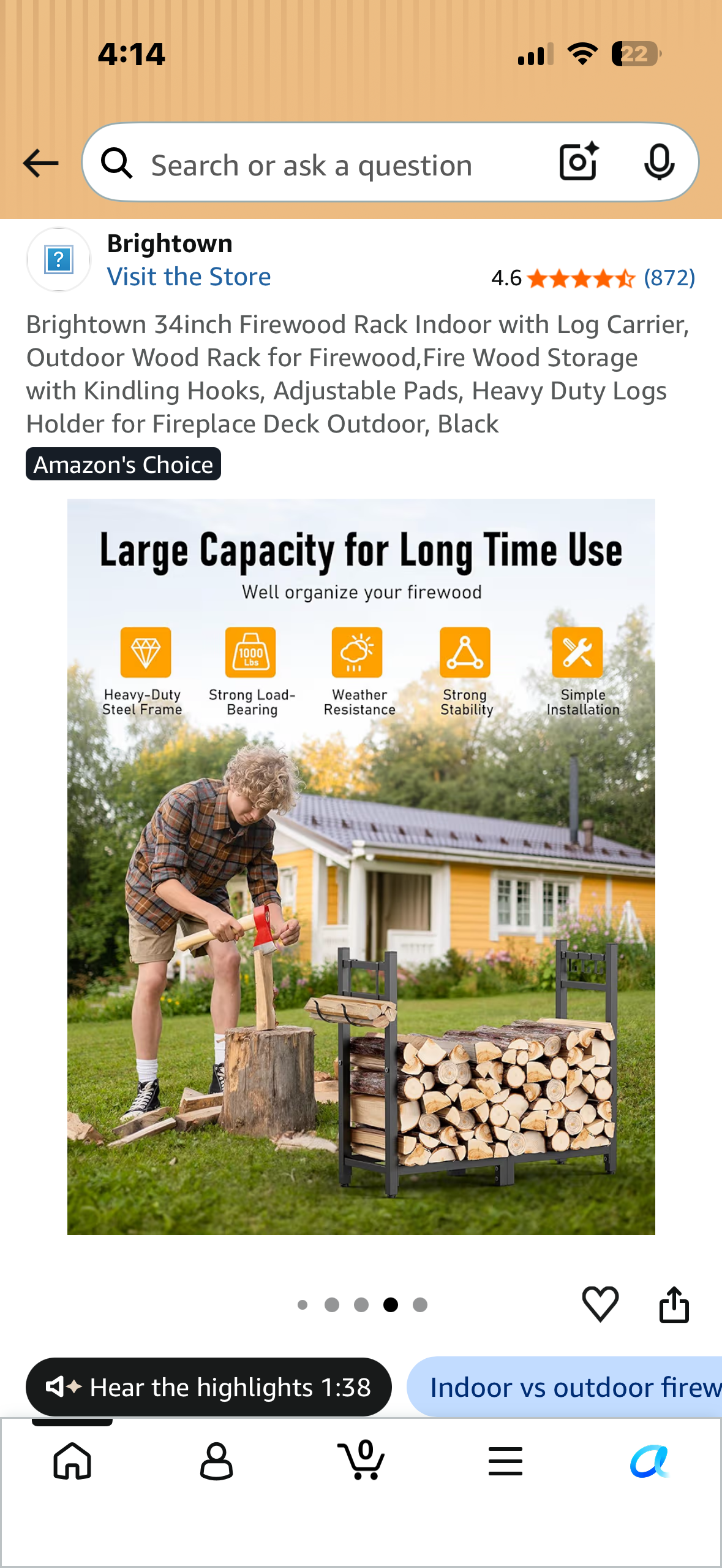 Brightown 34inch Firewood Rack with Log Carrier, Indoor, Outdoor Wood Rack for Firewood, by Fire Wood Storage with Kindling Hooks, Adjustable Pads, Heavy Duty Logs Holder for Fireplace Deck Outdoor, Black