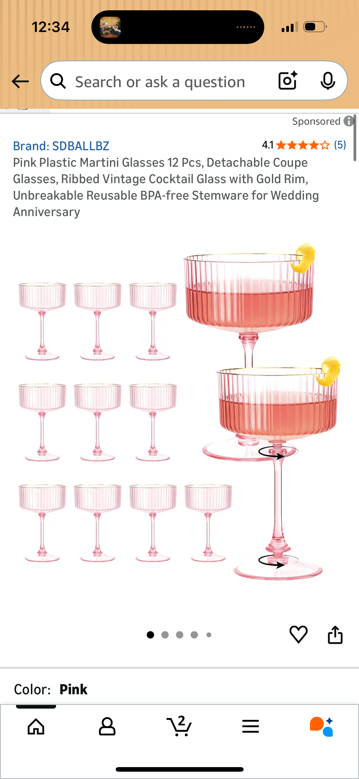 Pink Plastic Martini Glasses 12 Pcs, Detachable Coupe Glasses, Ribbed Vintage Cocktail Glass with Gold Rim, Unbreakable Reusable BPA-free Stemware for Wedding Anniversary
