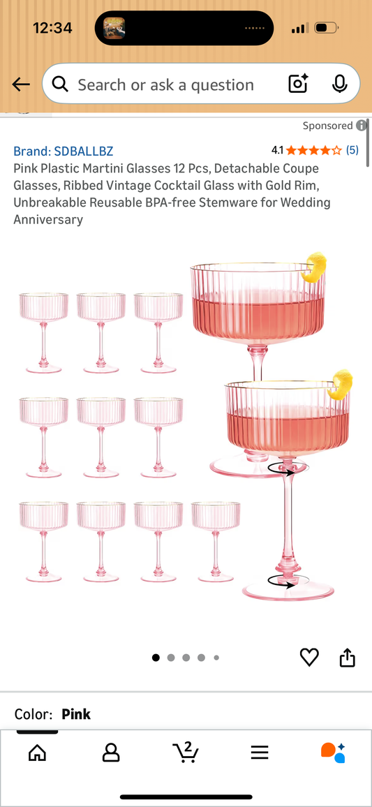 Pink Plastic Martini Glasses 12 Pcs, Detachable Coupe Glasses, Ribbed Vintage Cocktail Glass with Gold Rim, Unbreakable Reusable BPA-free Stemware for Wedding Anniversary