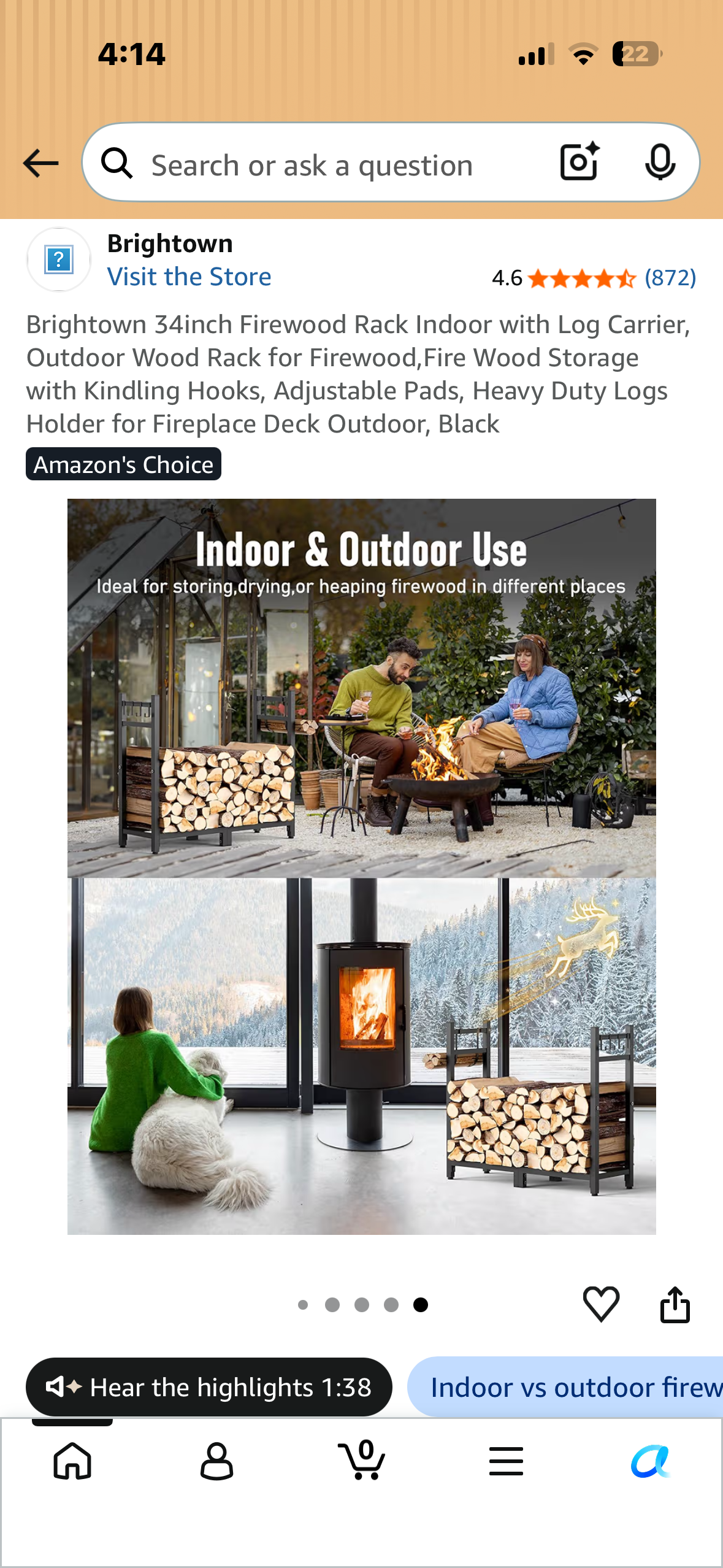 Brightown 34inch Firewood Rack with Log Carrier, Indoor, Outdoor Wood Rack for Firewood, by Fire Wood Storage with Kindling Hooks, Adjustable Pads, Heavy Duty Logs Holder for Fireplace Deck Outdoor, Black