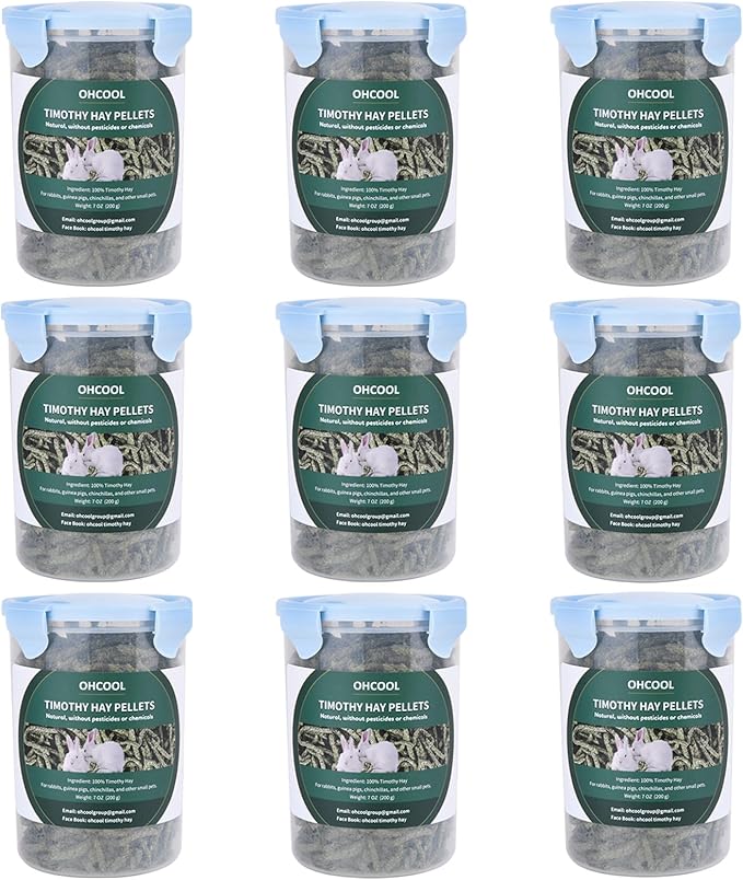 Ohcool Timothy Hay Pellets 63oz (9 * 7 oz) - 100% Timothy Premium Nutrition Pellet for Tortoise, Rabbits 63 oz