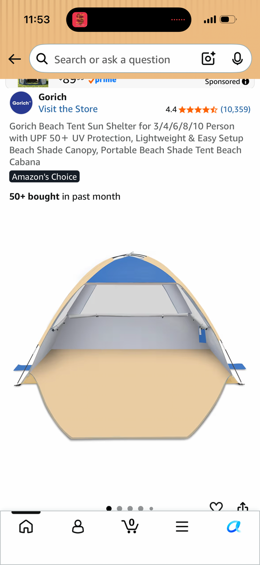 Gorich Beach Tent Sun Shelter for 3 Person with UPF 50＋ UV Protection, Lightweight & Easy Setup Beach Shade Canopy, Portable Beach Shade Tent Beach Cabana