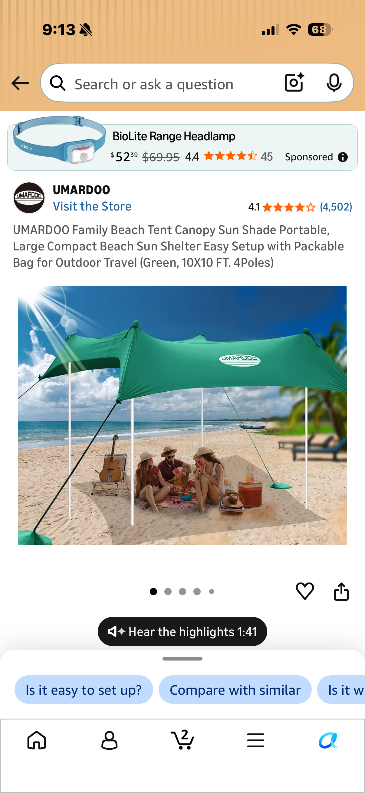 UMARDOO Family Beach Tent Canopy Sun Shade Portable, Large Compact Beach Sun Shelter Easy Setup with Packable Bag for Outdoor Travel (Green, 10X10 FT. 4Poles