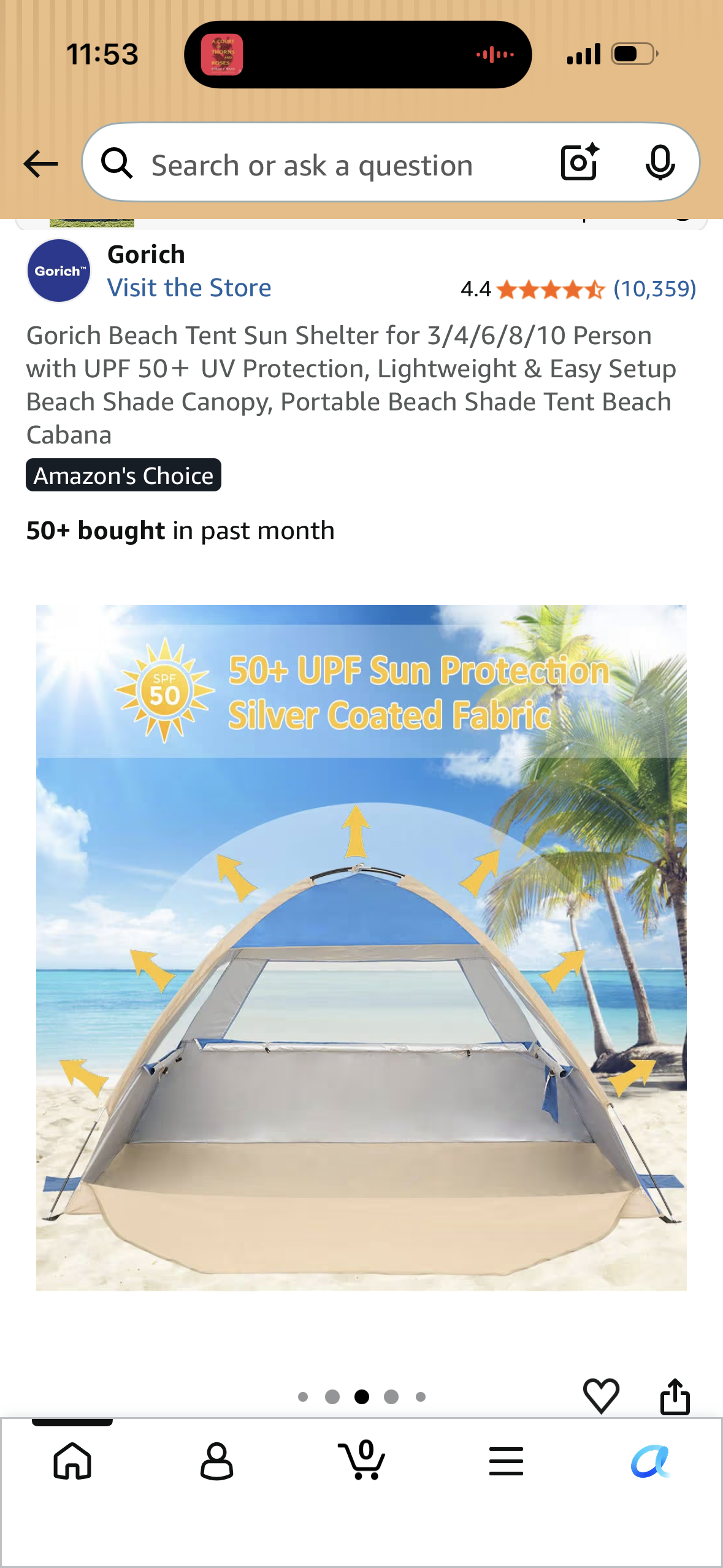 Gorich Beach Tent Sun Shelter for 3 Person with UPF 50＋ UV Protection, Lightweight & Easy Setup Beach Shade Canopy, Portable Beach Shade Tent Beach Cabana