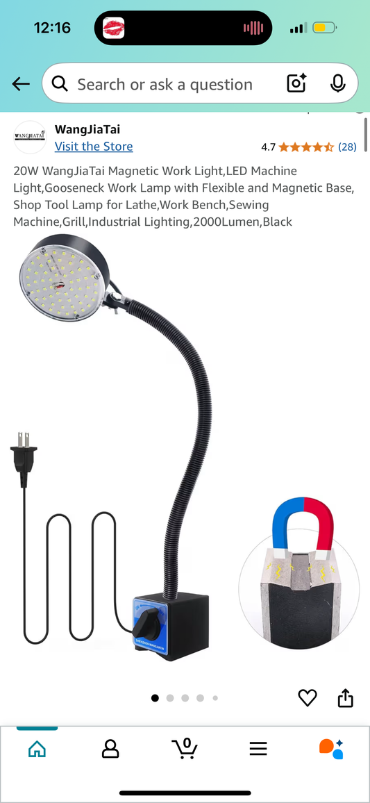 20W Magnetic Work Light,LED Machine Light,Gooseneck Work Lamp with Flexible and Magnetic Base, Shop Tool Lamp for Lathe,Work Bench,Sewing Machine,Grill,Industrial Lighting,2000Lumen,Black