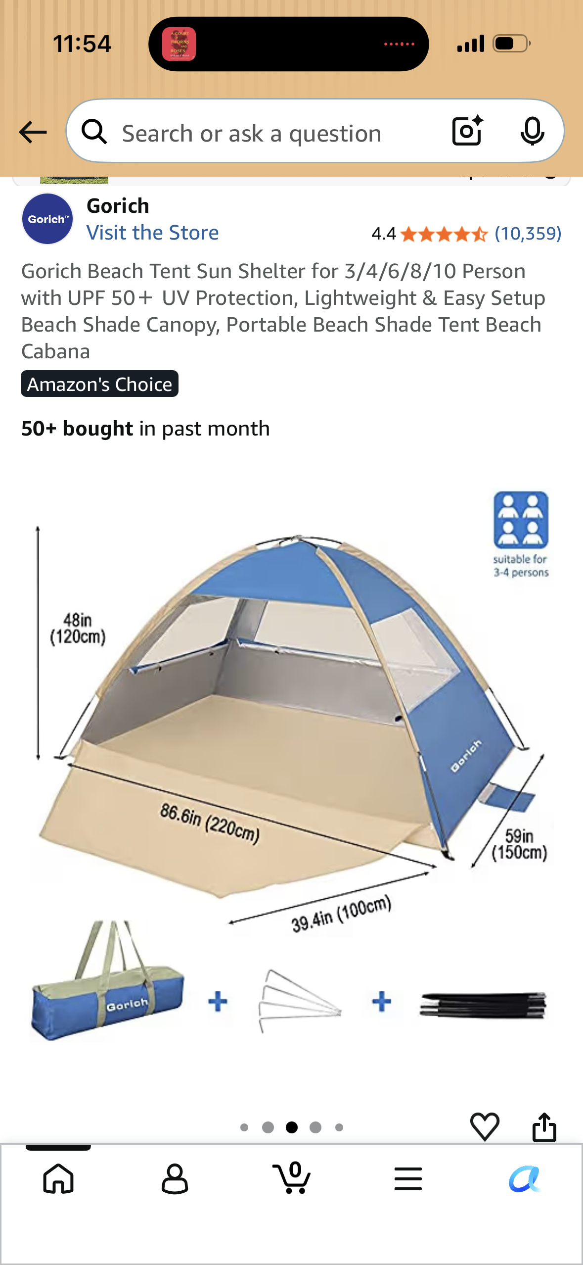 Gorich Beach Tent Sun Shelter for 3 Person with UPF 50＋ UV Protection, Lightweight & Easy Setup Beach Shade Canopy, Portable Beach Shade Tent Beach Cabana
