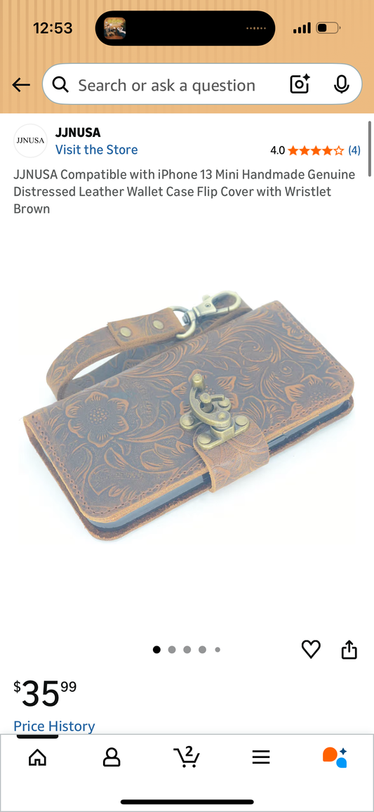 JJNUSA Compatible with iPhone 13 Mini Handmade Genuine Distressed Leather Wallet Case Flip Cover with Wristlet Brown