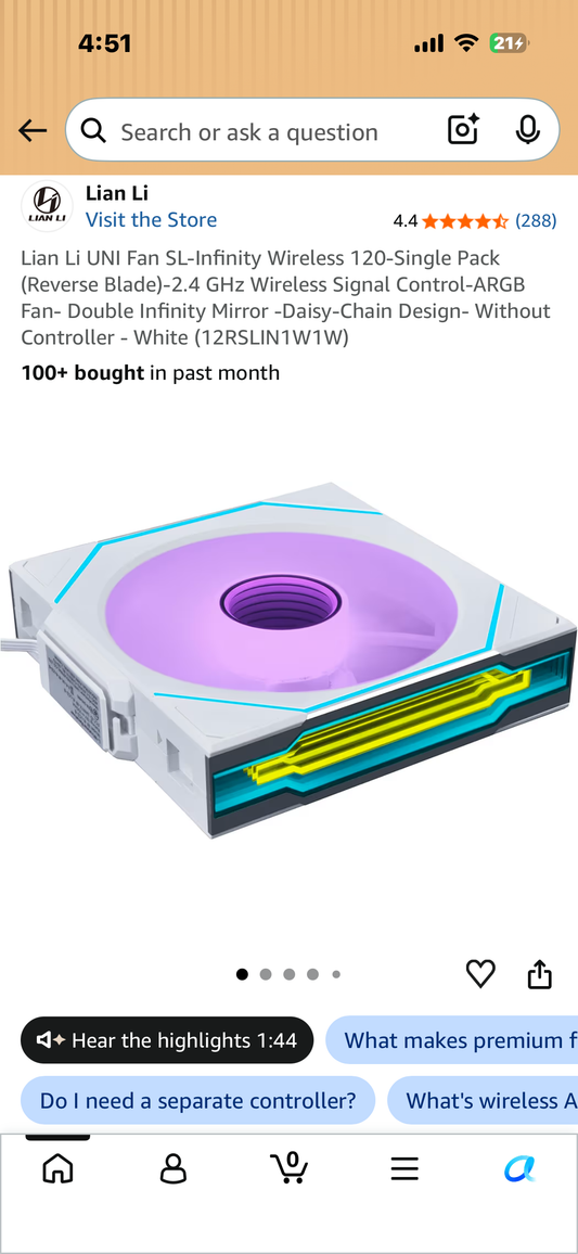 Lian Li UNI Fan SL-Infinity Wireless 120-Single Pack (Reverse Blade)-2.4 GHz Wireless Signal Control-ARGB Fan- Double Infinity Mirror -Daisy-Chain Design- Without Controller - White (12RSLIN1W1W)
