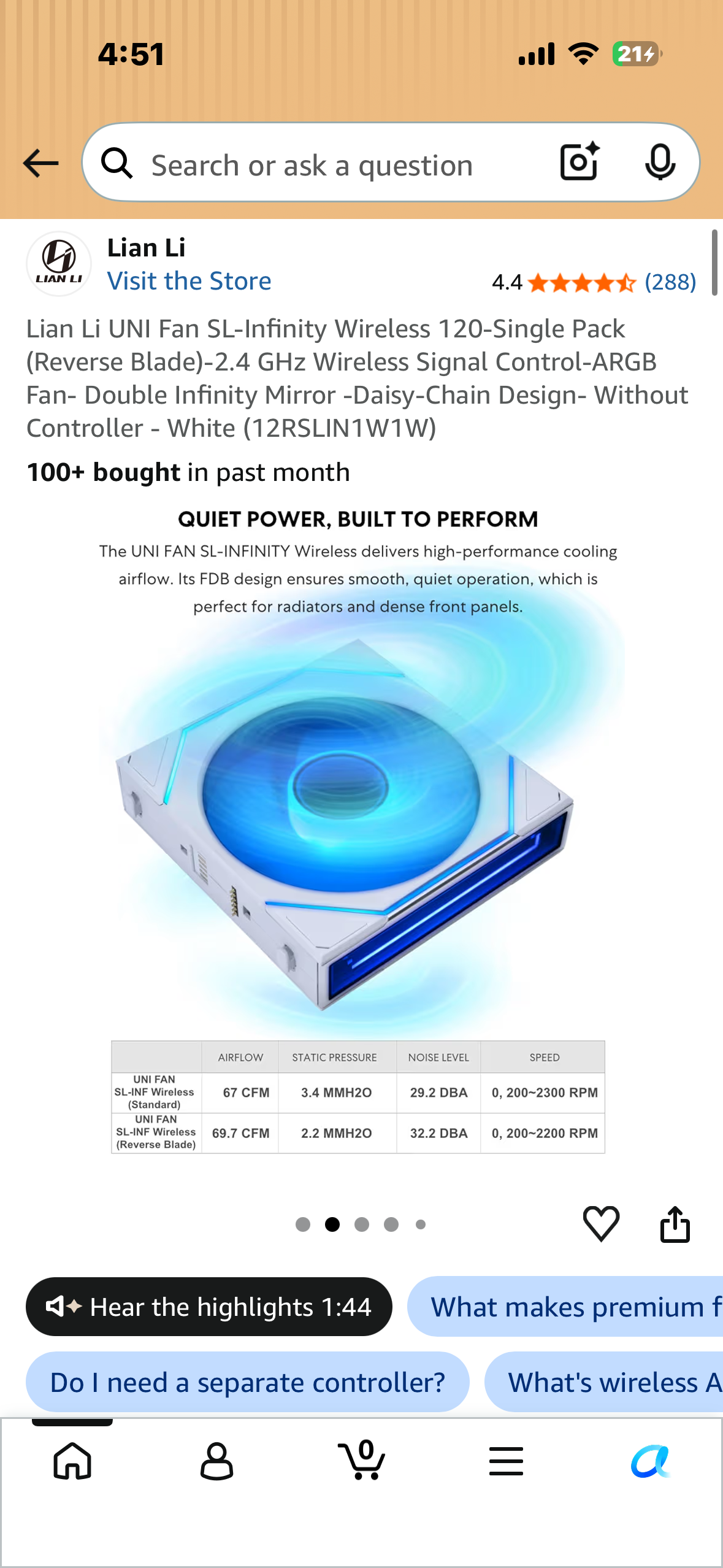 Lian Li UNI Fan SL-Infinity Wireless 120-Single Pack (Reverse Blade)-2.4 GHz Wireless Signal Control-ARGB Fan- Double Infinity Mirror -Daisy-Chain Design- Without Controller - White (12RSLIN1W1W)