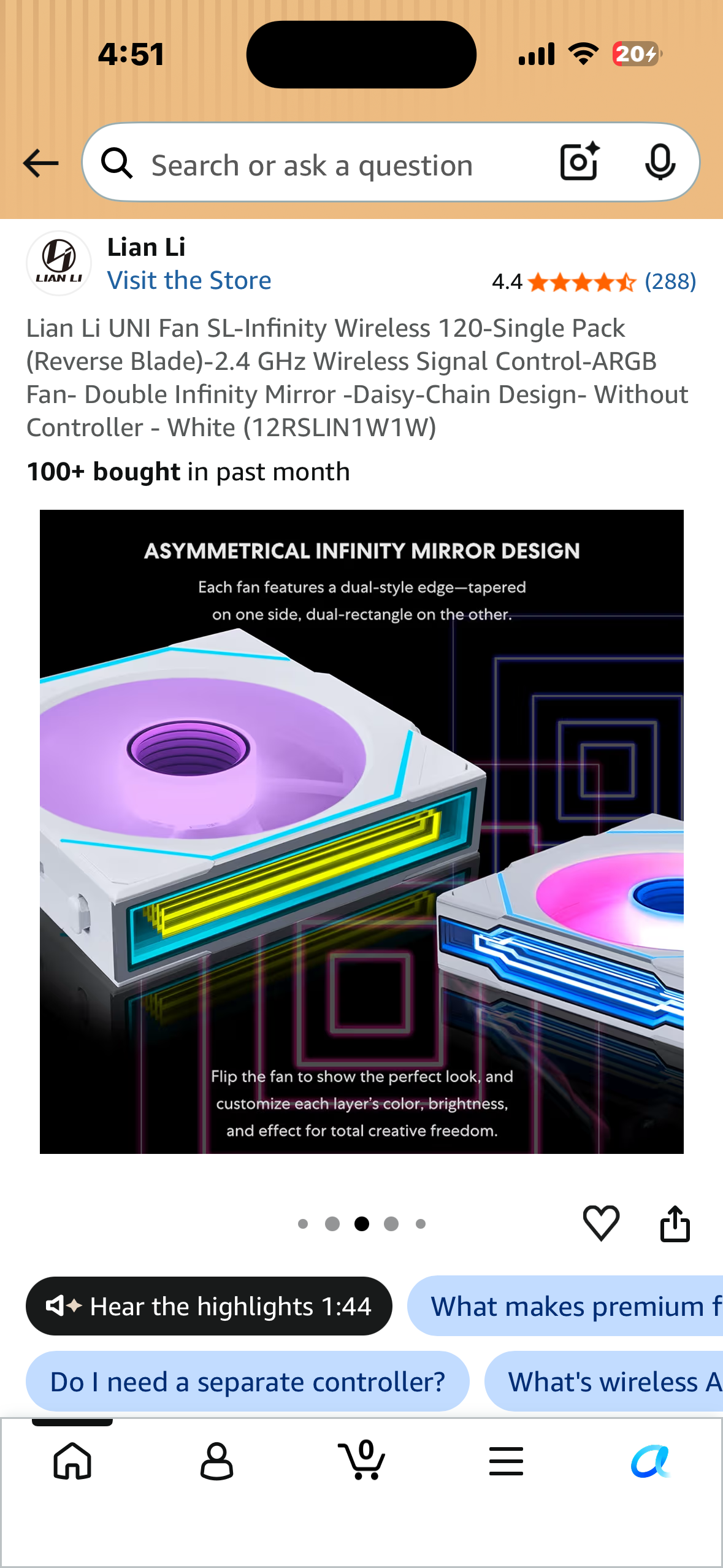 Lian Li UNI Fan SL-Infinity Wireless 120-Single Pack (Reverse Blade)-2.4 GHz Wireless Signal Control-ARGB Fan- Double Infinity Mirror -Daisy-Chain Design- Without Controller - White (12RSLIN1W1W)