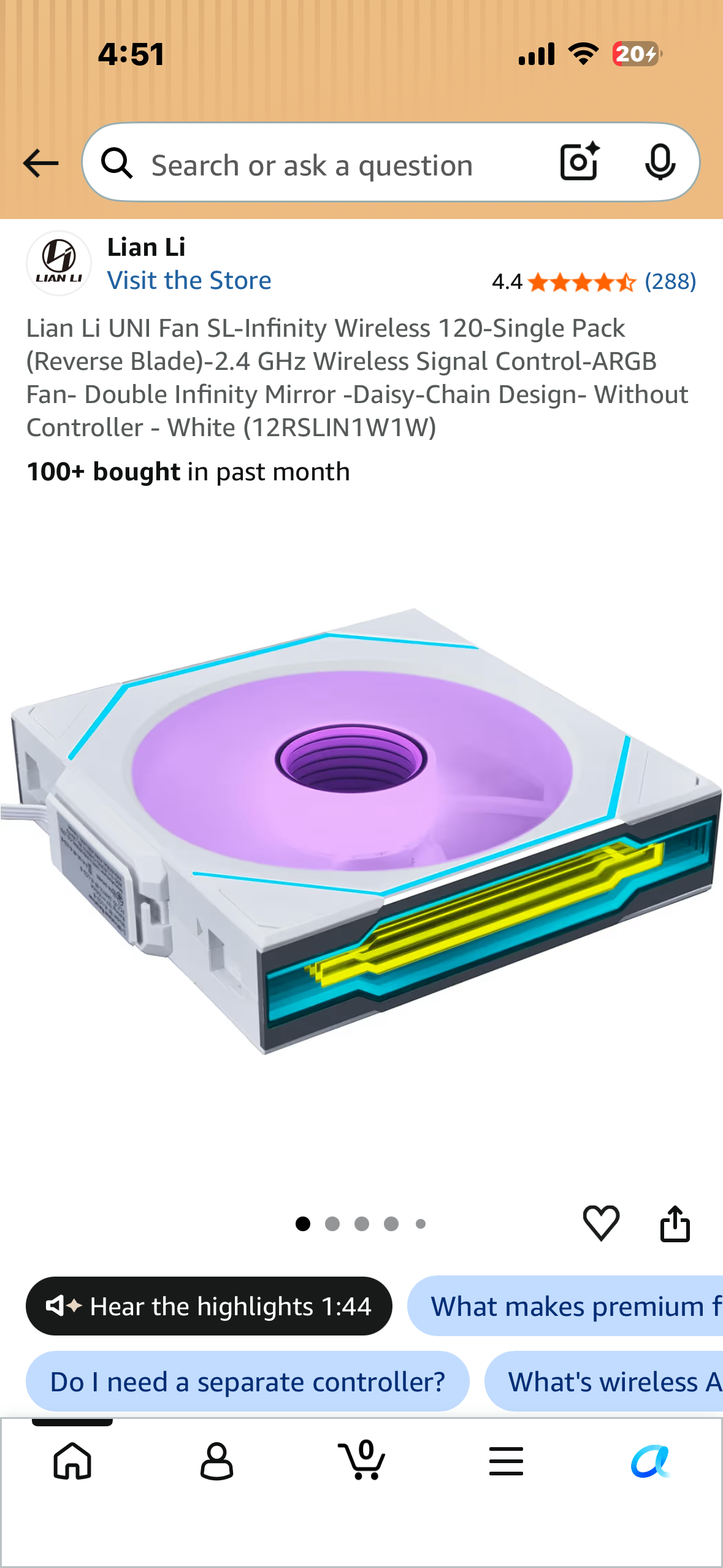 Lian Li UNI Fan SL-Infinity Wireless 120-Single Pack (Reverse Blade)-2.4 GHz Wireless Signal Control-ARGB Fan- Double Infinity Mirror -Daisy-Chain Design- Without Controller - White (12RSLIN1W1W)