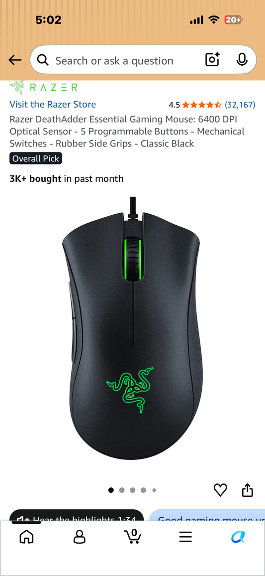 Razer DeathAdder Essential Gaming Mouse: 6400 DPI Optical Sensor - 5 Programmable Buttons - Mechanical Switches - Rubber Side Grips - Classic Black