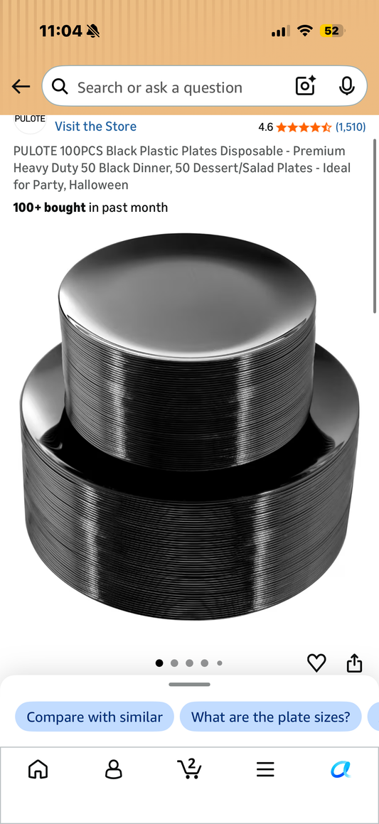 PULOTE 100PCS Black Plastic Plates Disposable - Premium Heavy Duty 50 Black Dinner, 50 Dessert/Salad Plates - Ideal for Party, Halloween