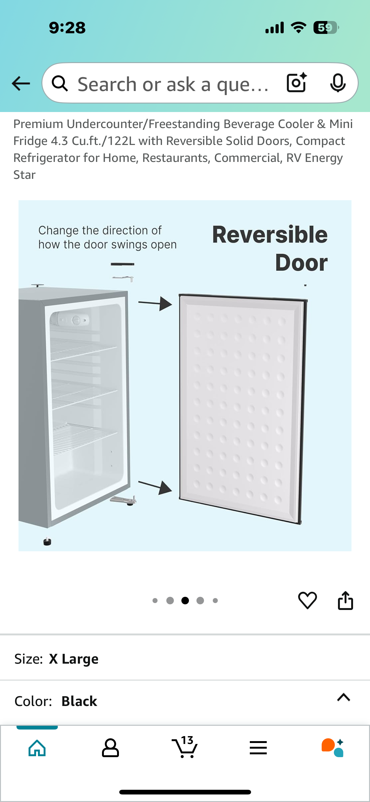 Beverage Cooler & Mini Fridge, 4.3 Cu.ft./ 122L with Reversible Solid Door, (R598)