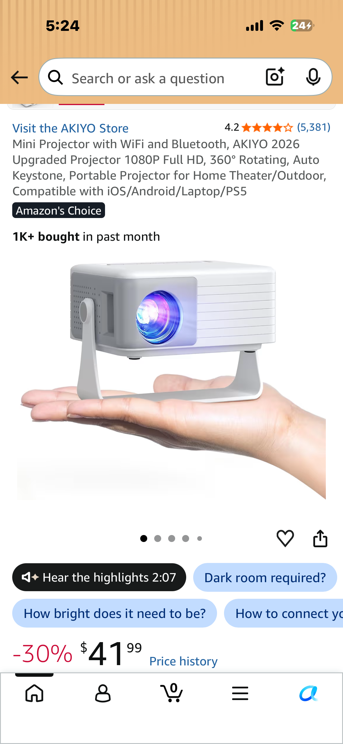 Mini Projector with WiFi and Bluetooth, AKIYO 2026 Upgraded Projector 1080P Full HD, 360° Rotating, Auto Keystone, Portable Projector for Home Theater/Outdoor, Compatible with iOS/Android/Laptop/PS5