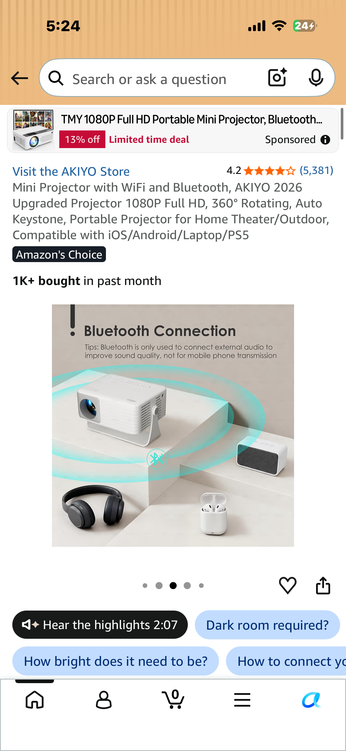 Mini Projector with WiFi and Bluetooth, AKIYO 2026 Upgraded Projector 1080P Full HD, 360° Rotating, Auto Keystone, Portable Projector for Home Theater/Outdoor, Compatible with iOS/Android/Laptop/PS5