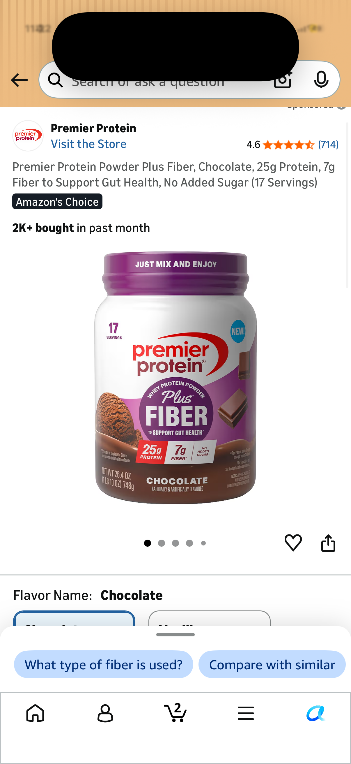Premier Protein Powder Plus Fiber, Chocolate, 25g Protein, 7g Fiber to Support Gut Health, No Added Sugar (17 Servings