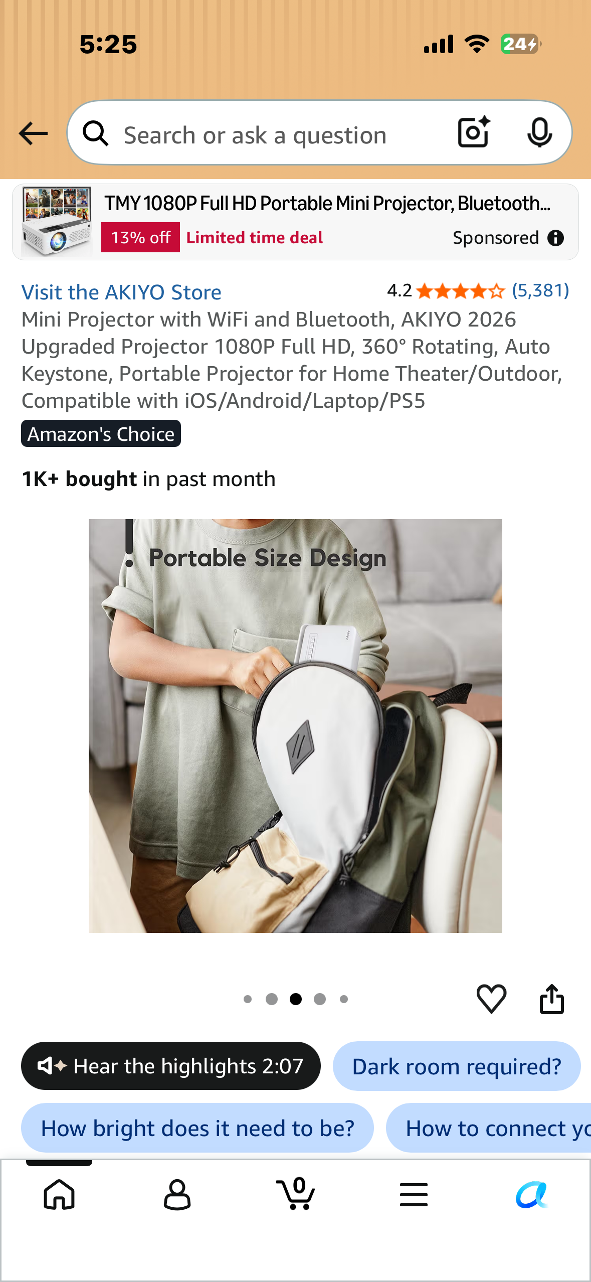 Mini Projector with WiFi and Bluetooth, AKIYO 2026 Upgraded Projector 1080P Full HD, 360° Rotating, Auto Keystone, Portable Projector for Home Theater/Outdoor, Compatible with iOS/Android/Laptop/PS5