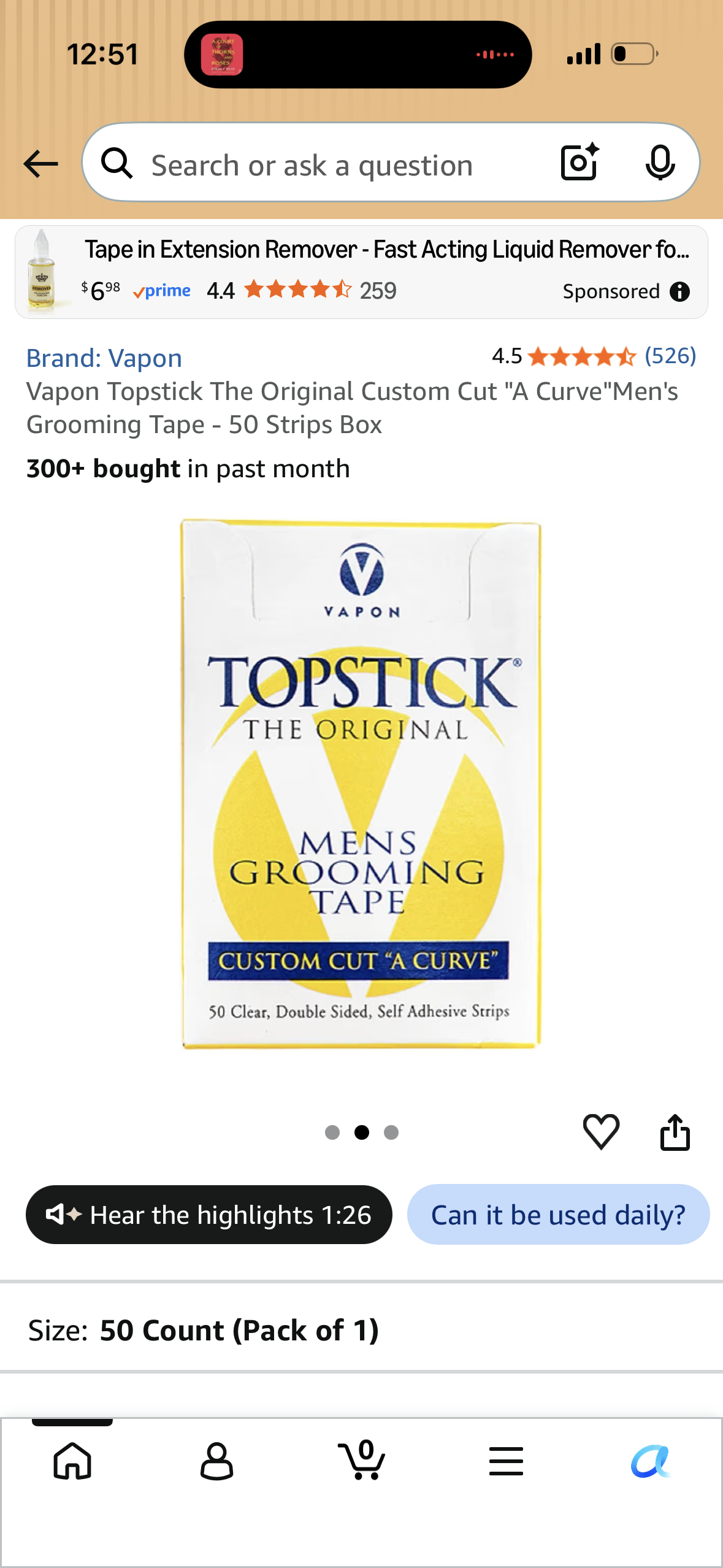 Vapon Topstick The Original Custom Cut "A Curve"Men's Grooming Tape - 50 Strips Box