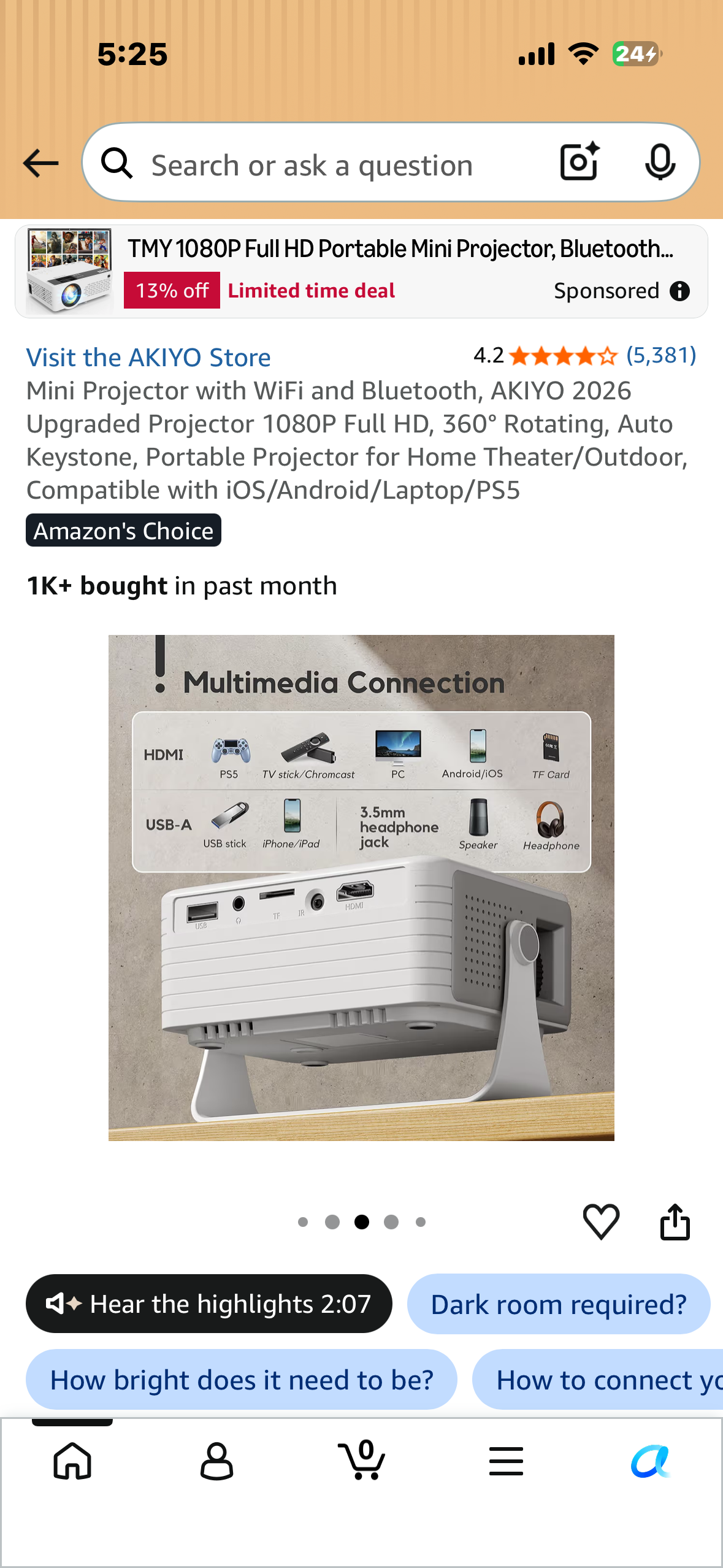 Mini Projector with WiFi and Bluetooth, AKIYO 2026 Upgraded Projector 1080P Full HD, 360° Rotating, Auto Keystone, Portable Projector for Home Theater/Outdoor, Compatible with iOS/Android/Laptop/PS5