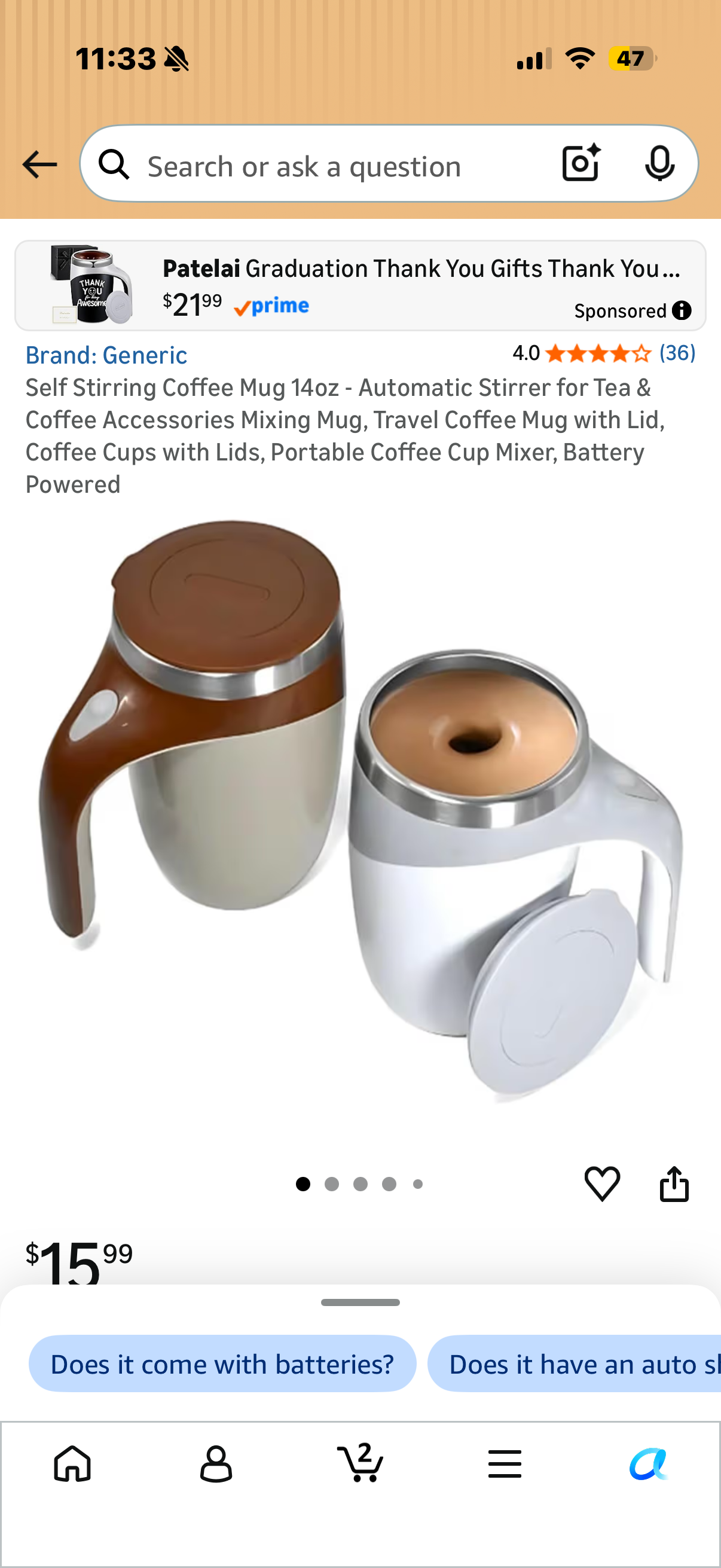 2 pack Self Stirring Coffee Mug 14oz - Automatic Stirrer for Tea & Coffee Accessories Mixing Mug, Travel Coffee Mug with Lid, Coffee Cups with Lids, Portable Coffee Cup Mixer, Battery Powered