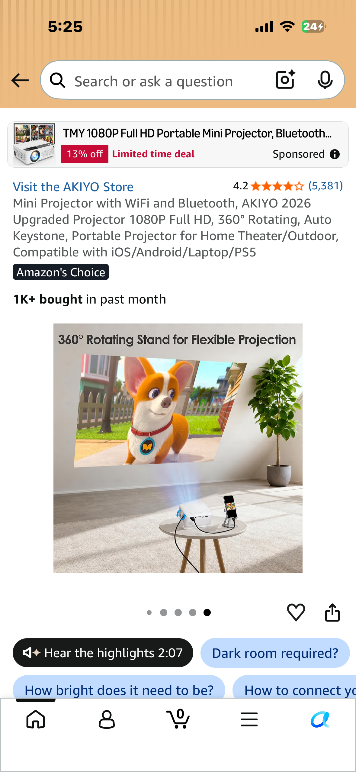 Mini Projector with WiFi and Bluetooth, AKIYO 2026 Upgraded Projector 1080P Full HD, 360° Rotating, Auto Keystone, Portable Projector for Home Theater/Outdoor, Compatible with iOS/Android/Laptop/PS5