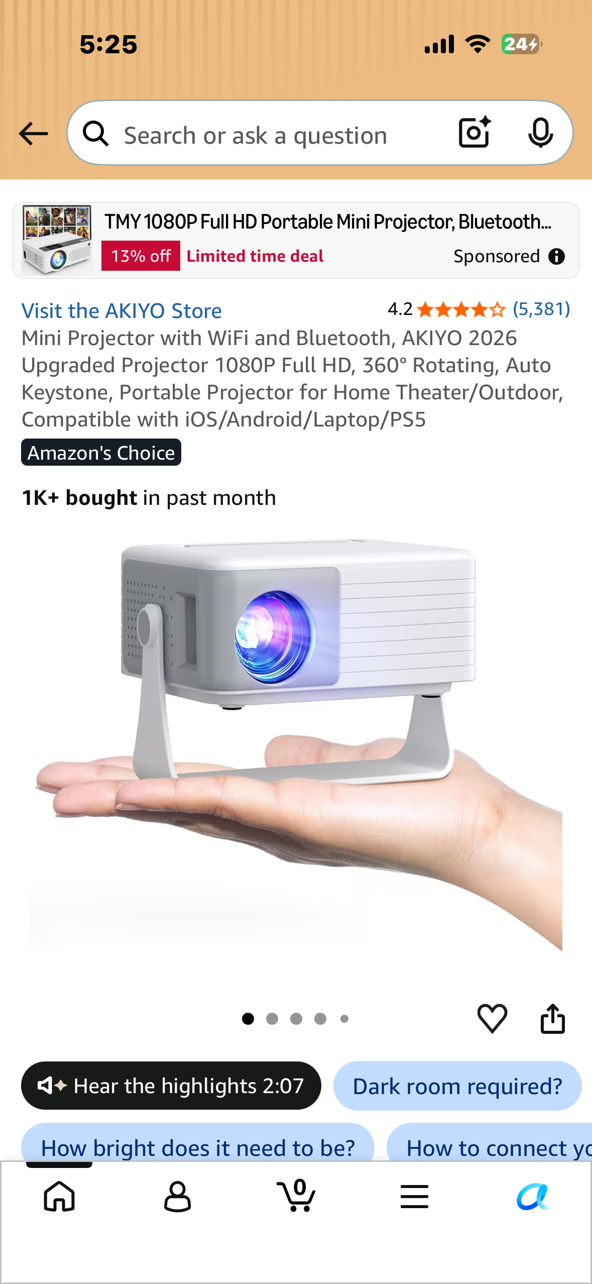 Mini Projector with WiFi and Bluetooth, AKIYO 2026 Upgraded Projector 1080P Full HD, 360° Rotating, Auto Keystone, Portable Projector for Home Theater/Outdoor, Compatible with iOS/Android/Laptop/PS5