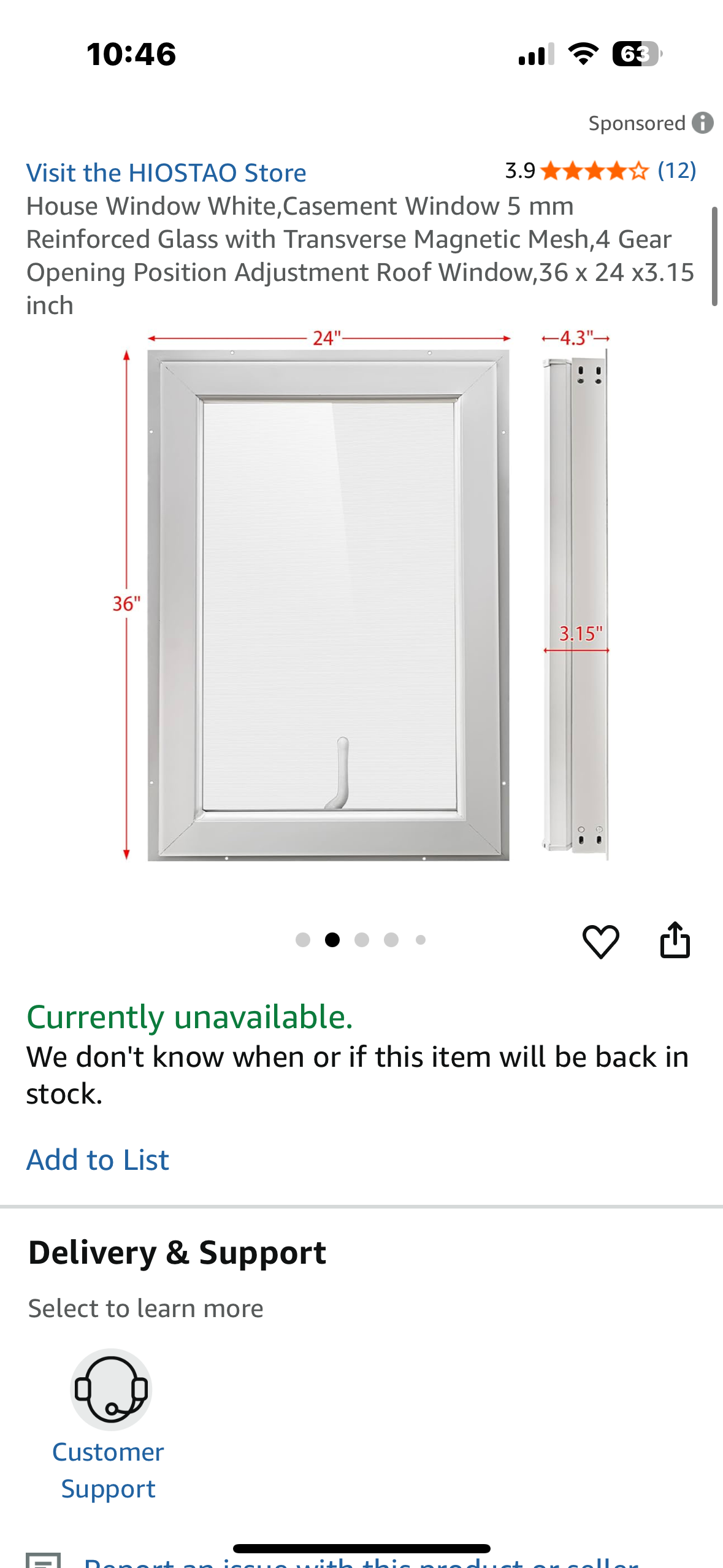 House Window White, Casement Window 5 mm Reinforced Glass with Transverse Magnetic Mesh, 4 Gear Opening Position Adjustment Roof Window, 36 x 24 x3.15 inch (R698)