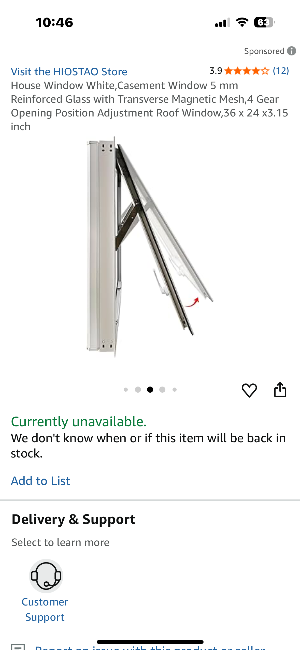 House Window White, Casement Window 5 mm Reinforced Glass with Transverse Magnetic Mesh, 4 Gear Opening Position Adjustment Roof Window, 36 x 24 x3.15 inch (R698)