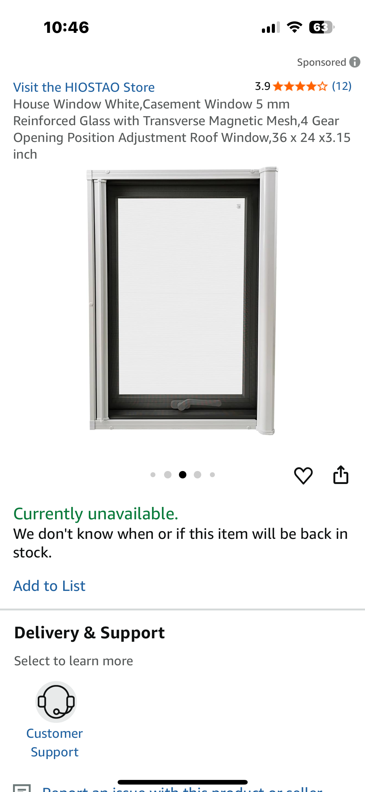 House Window White, Casement Window 5 mm Reinforced Glass with Transverse Magnetic Mesh, 4 Gear Opening Position Adjustment Roof Window, 36 x 24 x3.15 inch (R698)