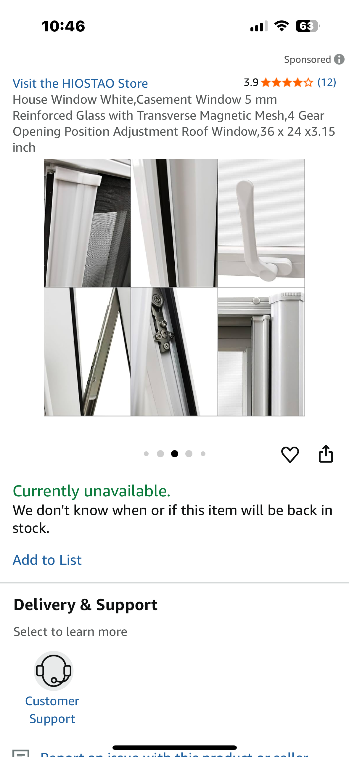 House Window White, Casement Window 5 mm Reinforced Glass with Transverse Magnetic Mesh, 4 Gear Opening Position Adjustment Roof Window, 36 x 24 x3.15 inch (R698)