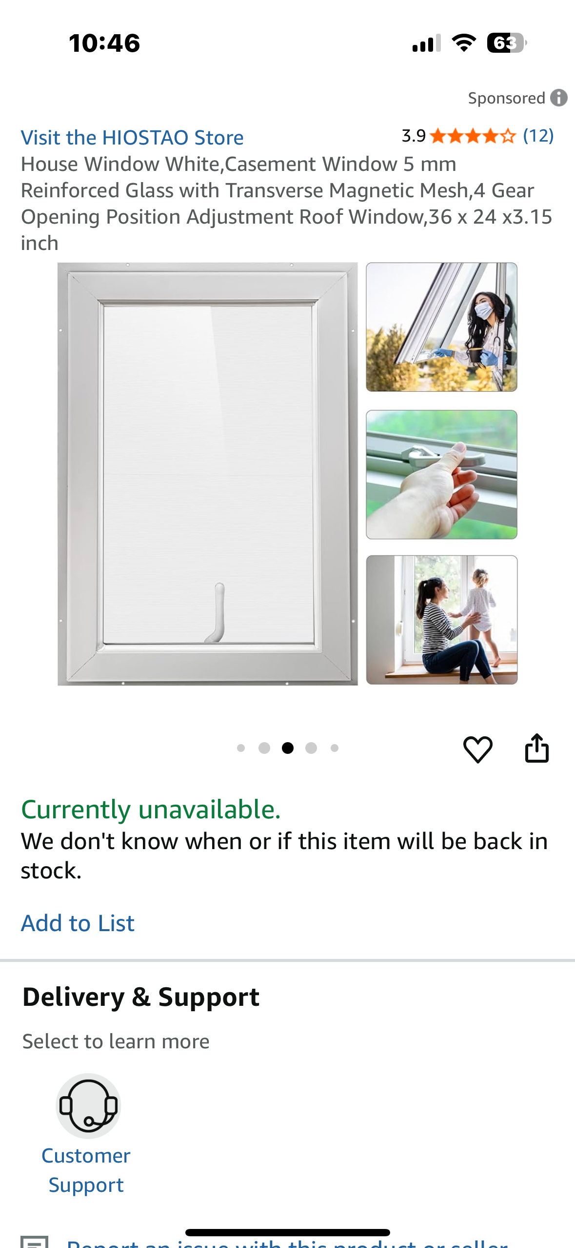 House Window White, Casement Window 5 mm Reinforced Glass with Transverse Magnetic Mesh, 4 Gear Opening Position Adjustment Roof Window, 36 x 24 x3.15 inch (R698)