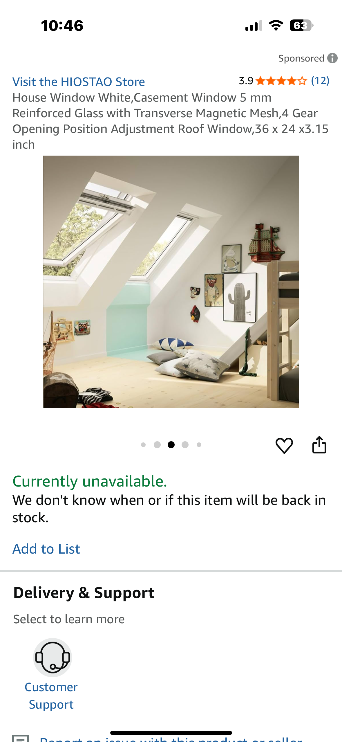 House Window White, Casement Window 5 mm Reinforced Glass with Transverse Magnetic Mesh, 4 Gear Opening Position Adjustment Roof Window, 36 x 24 x3.15 inch (R698)