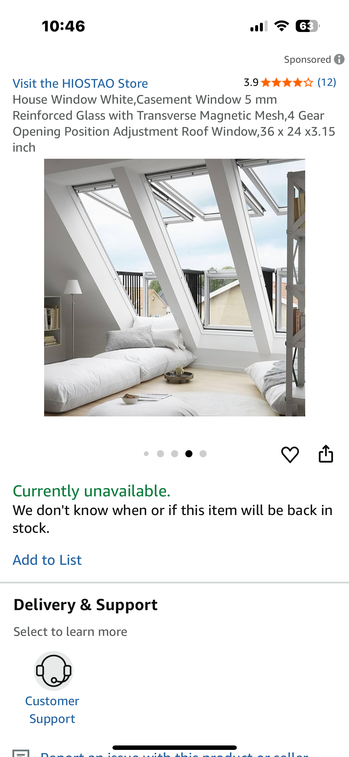 House Window White, Casement Window 5 mm Reinforced Glass with Transverse Magnetic Mesh, 4 Gear Opening Position Adjustment Roof Window, 36 x 24 x3.15 inch (R698)