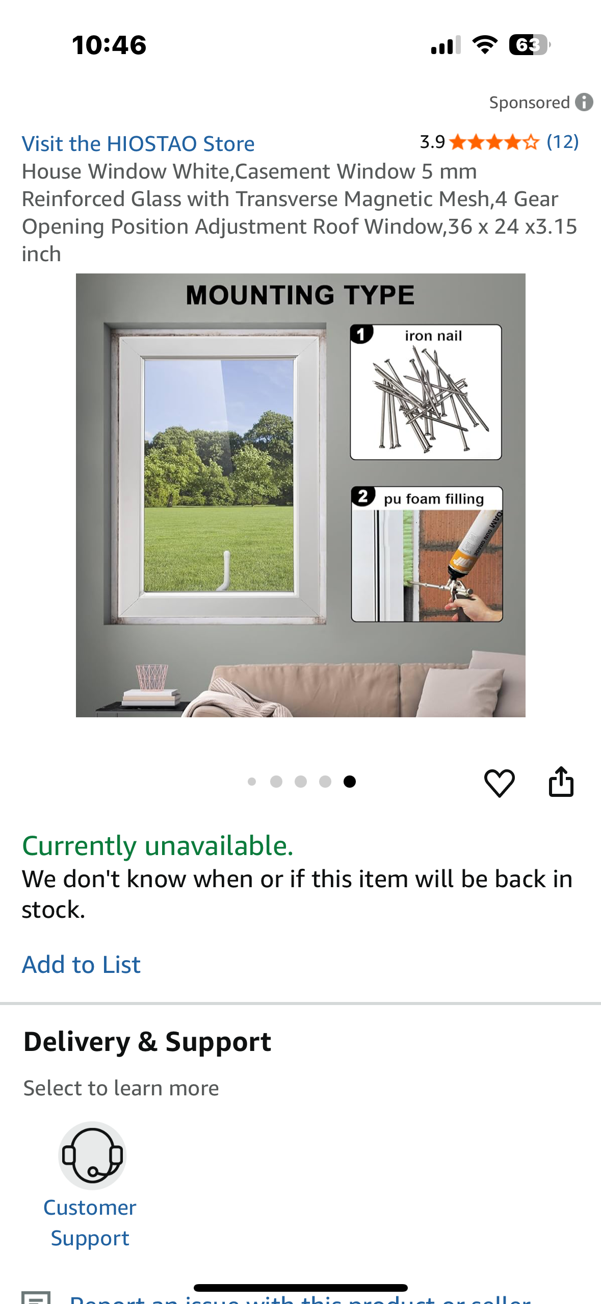 House Window White, Casement Window 5 mm Reinforced Glass with Transverse Magnetic Mesh, 4 Gear Opening Position Adjustment Roof Window, 36 x 24 x3.15 inch (R698)