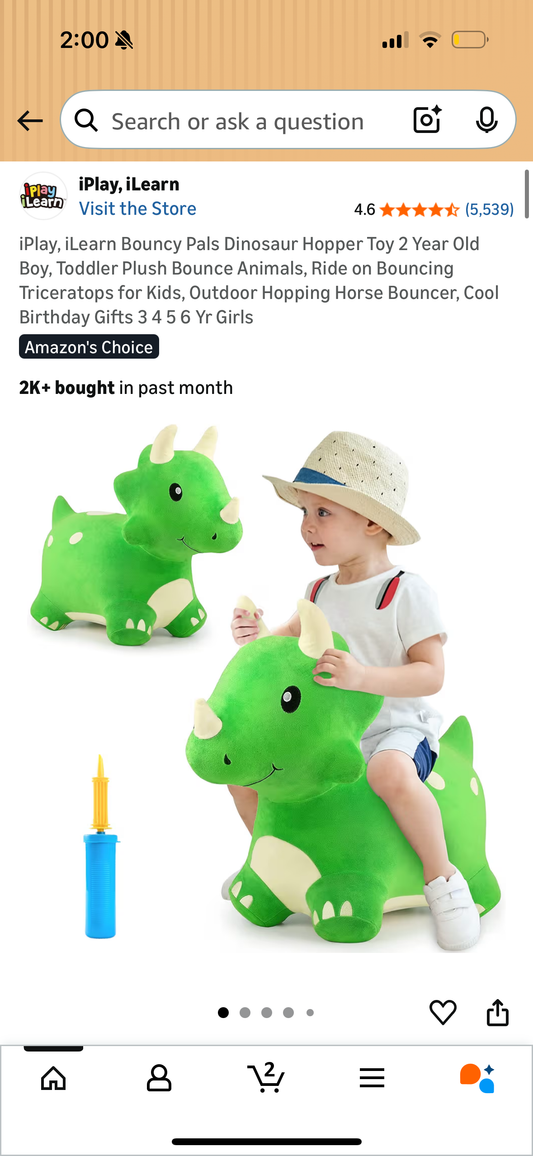 iPlay, iLearn Bouncy Pals Dinosaur Hopper Toy 2 Year Old Boy, Toddler Plush Bounce Animals, Ride on Bouncing Triceratops for Kids, Outdoor Hopping Horse Bouncer, Cool Birthday Gifts 3 4 5 6 Yr Girls