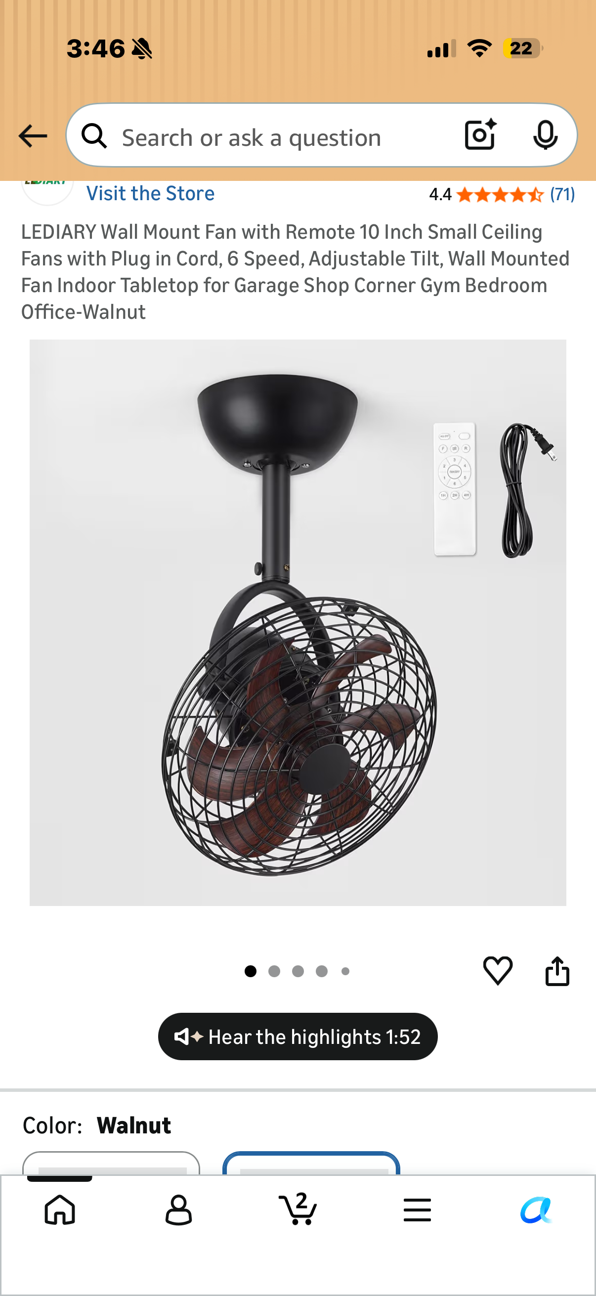 LEDIARY Wall Mount Fan with Remote 10 Inch Small Ceiling Fans with Plug in Cord, 6 Speed, Adjustable Tilt, Wall Mounted Fan Indoor Tabletop for Garage Shop Corner Gym Bedroom