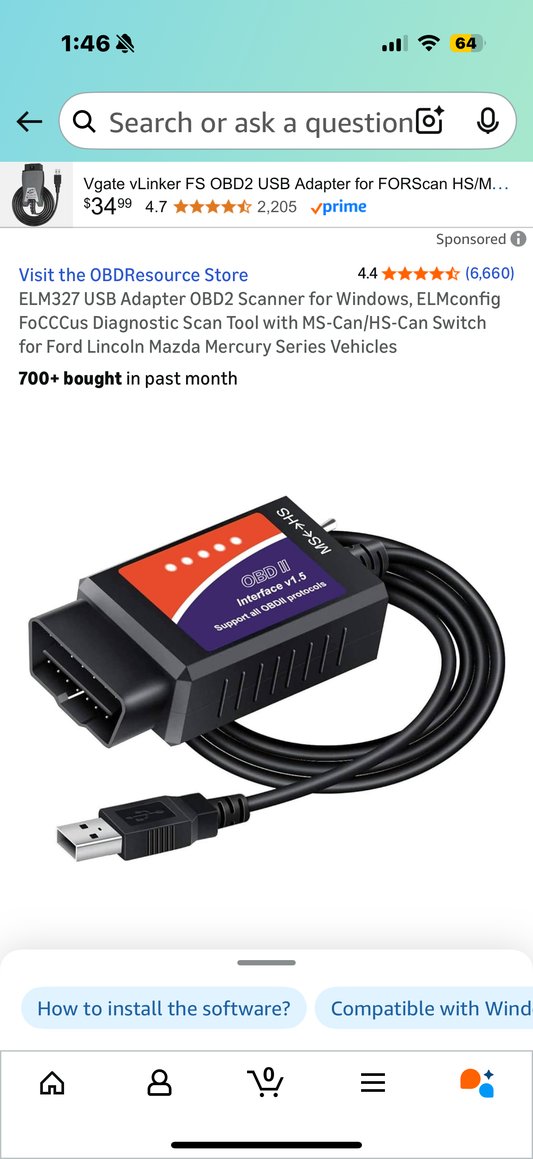 ELM327 USB Adapter OBD2 Scanner for Windows, ELMconfig FoCCCus Diagnostic Scan Tool with MS-Can/HS-Can Switch for Ford Lincoln Mazda Mercury Series Vehicles