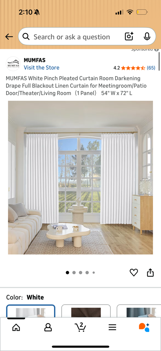 MUMFAS White Pinch Pleated Curtain Room Darkening Drape Full Blackout Linen Curtain for Meetingroom/Patio Door/Theater/Living Room（1 Panel） 54" W x 72" L