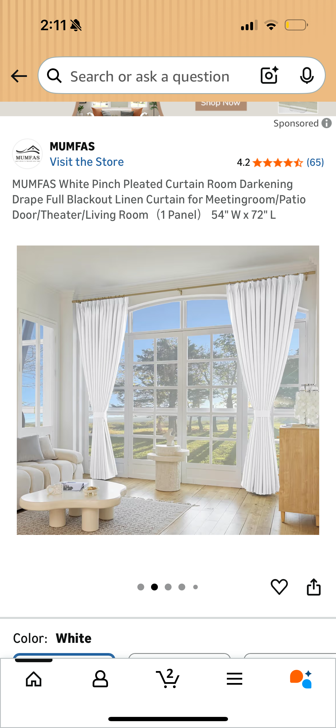 MUMFAS White Pinch Pleated Curtain Room Darkening Drape Full Blackout Linen Curtain for Meetingroom/Patio Door/Theater/Living Room（1 Panel） 54" W x 72" L