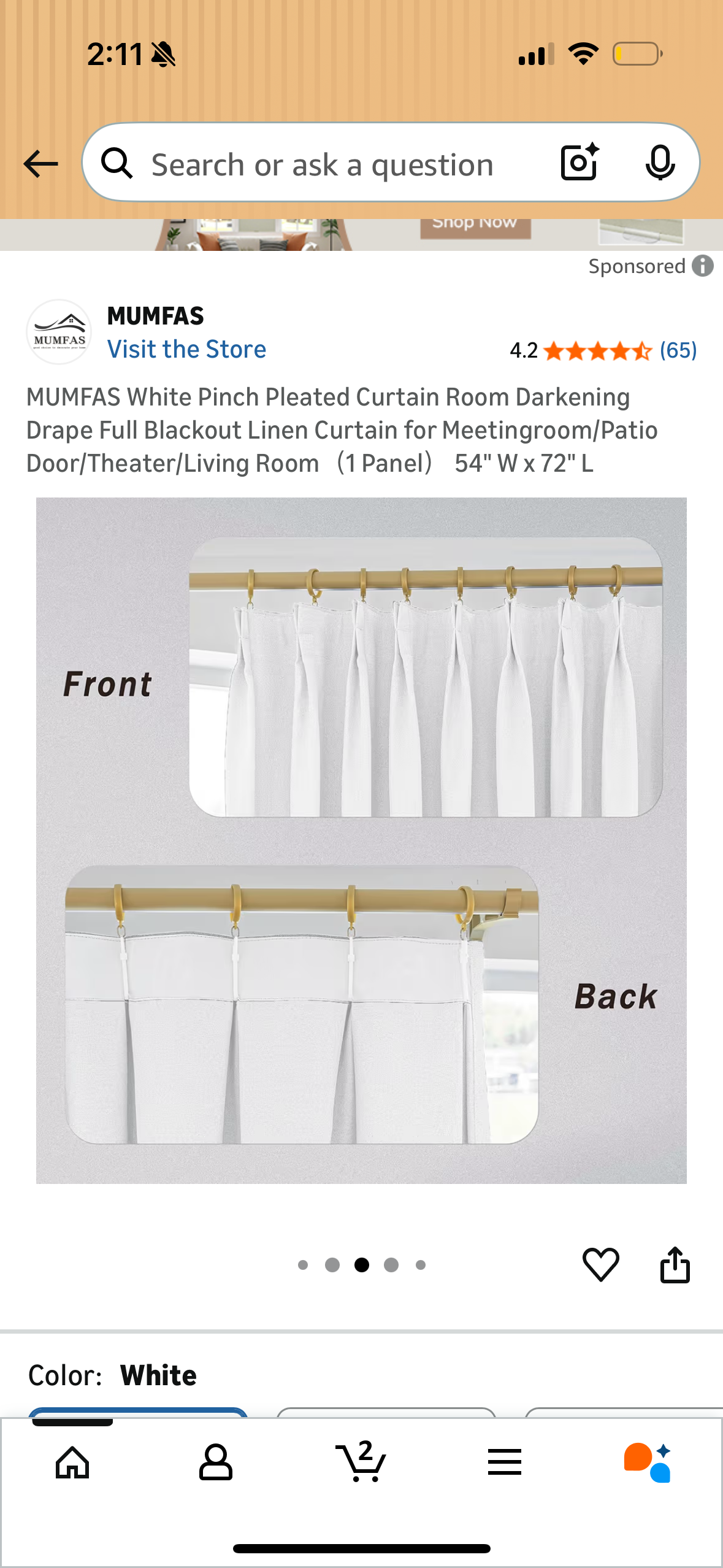 MUMFAS White Pinch Pleated Curtain Room Darkening Drape Full Blackout Linen Curtain for Meetingroom/Patio Door/Theater/Living Room（1 Panel） 54" W x 72" L