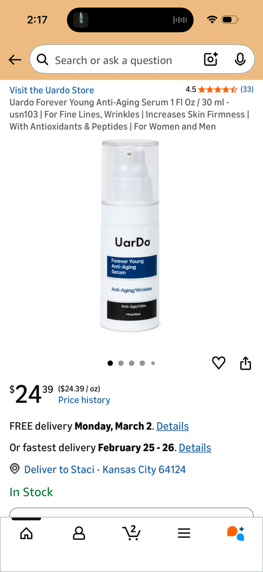 Uardo Forever Young Anti-Aging Serum 1 Fl Oz / 30 ml - usn103 | For Fine Lines, Wrinkles | Increases Skin Firmness | With Antioxidants & Peptides | For Women and Men